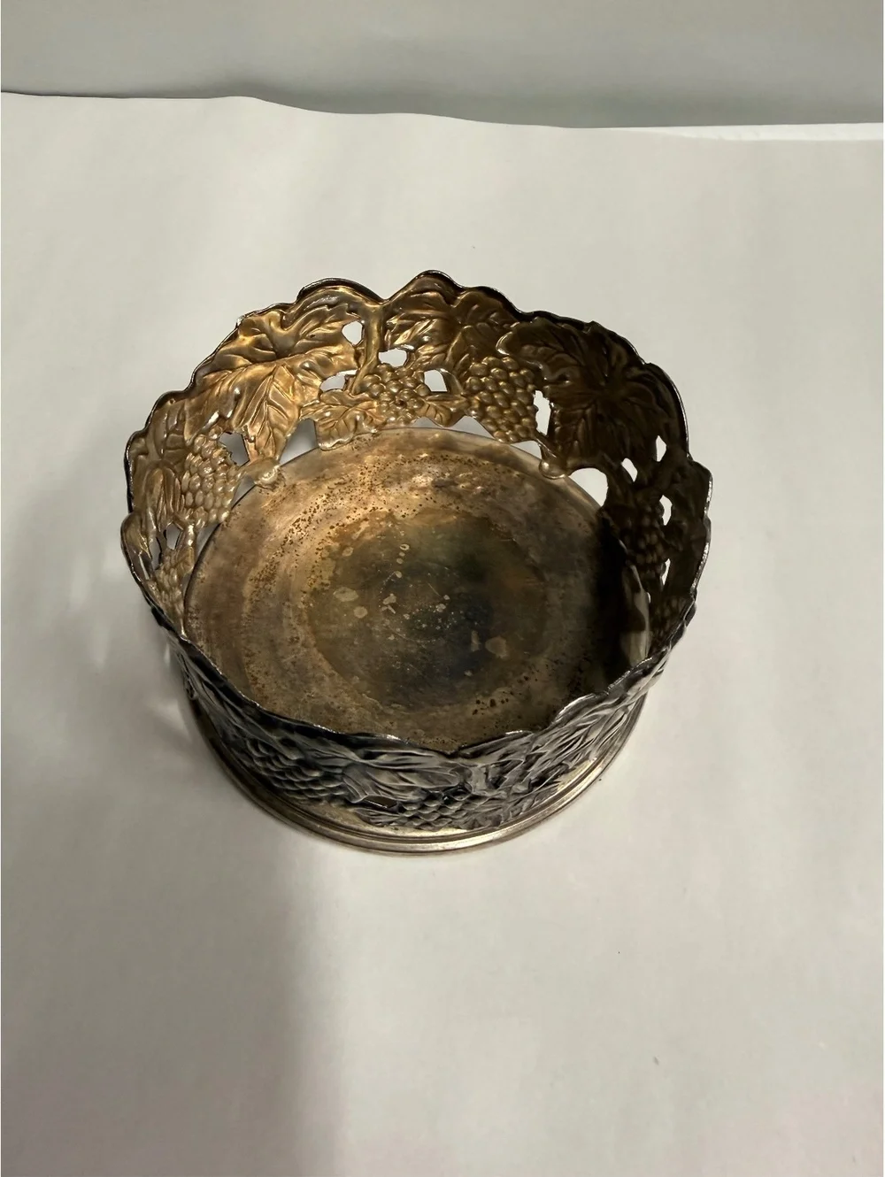 Vintage Decorative Silver Wine Coaster with Grape Leaf Design